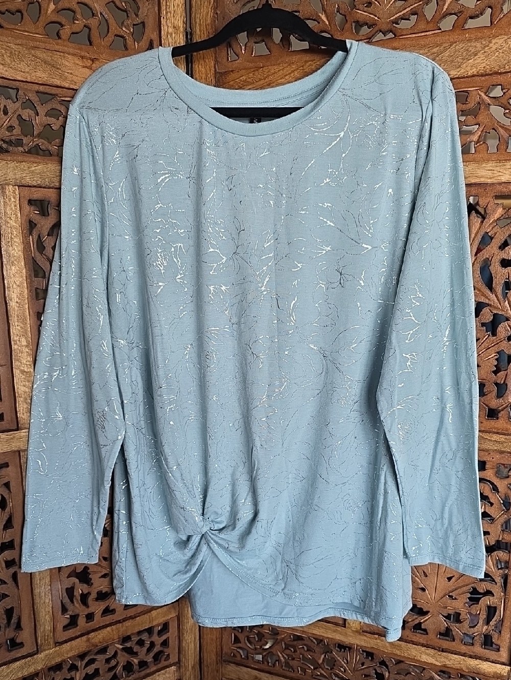 Massini Light Blue Metallic-Accent Long Sleeve Twist Top